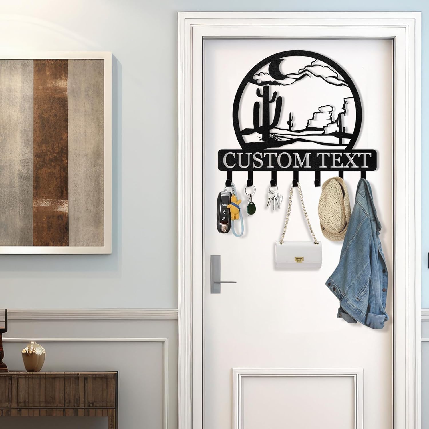 KAINSY Personalized Key Holder for Wall, Custom Cactus Metal Key Hanger, Desert Key Rack Coat Rack, Key Hooks Wall Art Decor, Key Holder Wall Mount Organizer for Dormitory, Entryway, Garden, Office