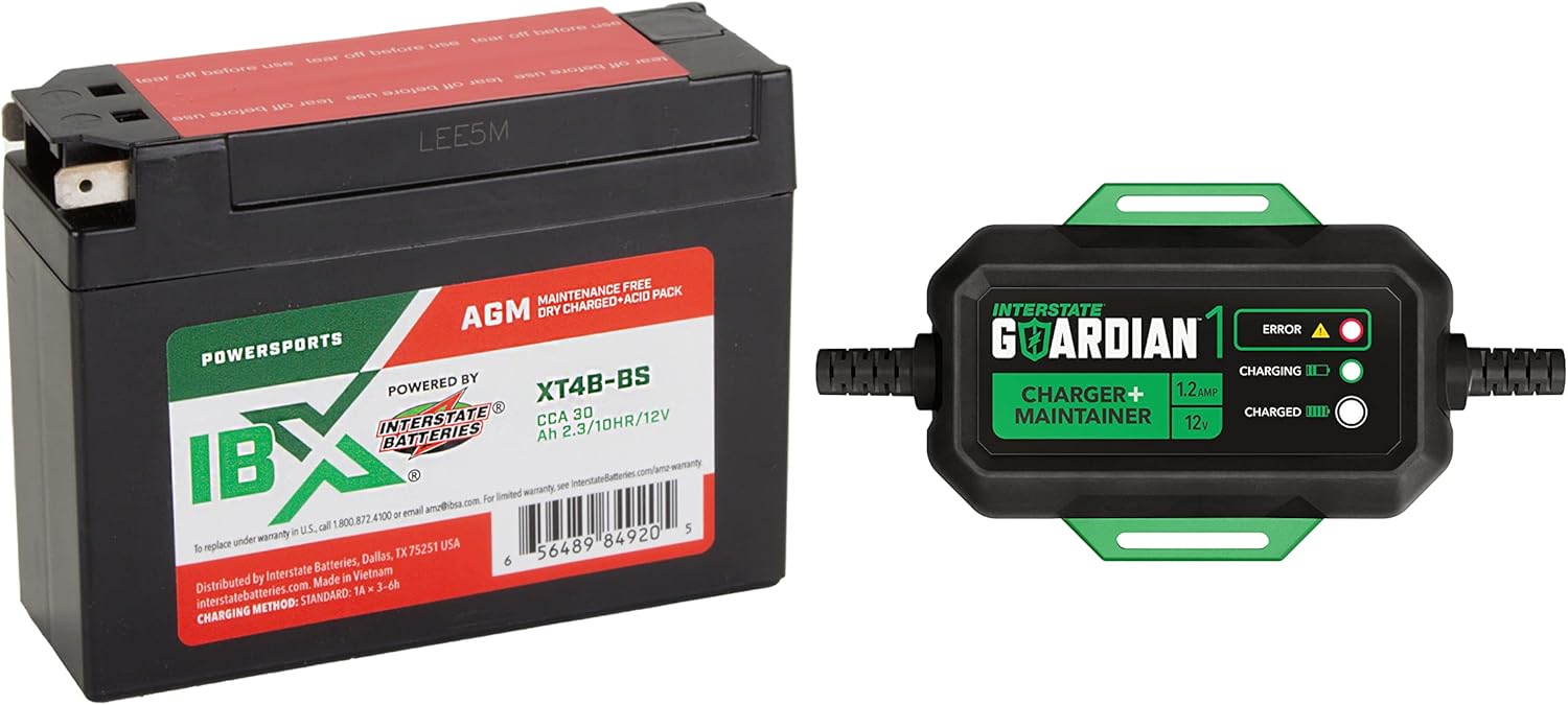 Interstate Batteries YT4B-BS Powersports Battery and Charger (Bundle) 12V 2.3Ah AGM Battery for Motorcycle's and Mini-Bike's with Portable Automatic Smart Charger (12V, 1.2A)