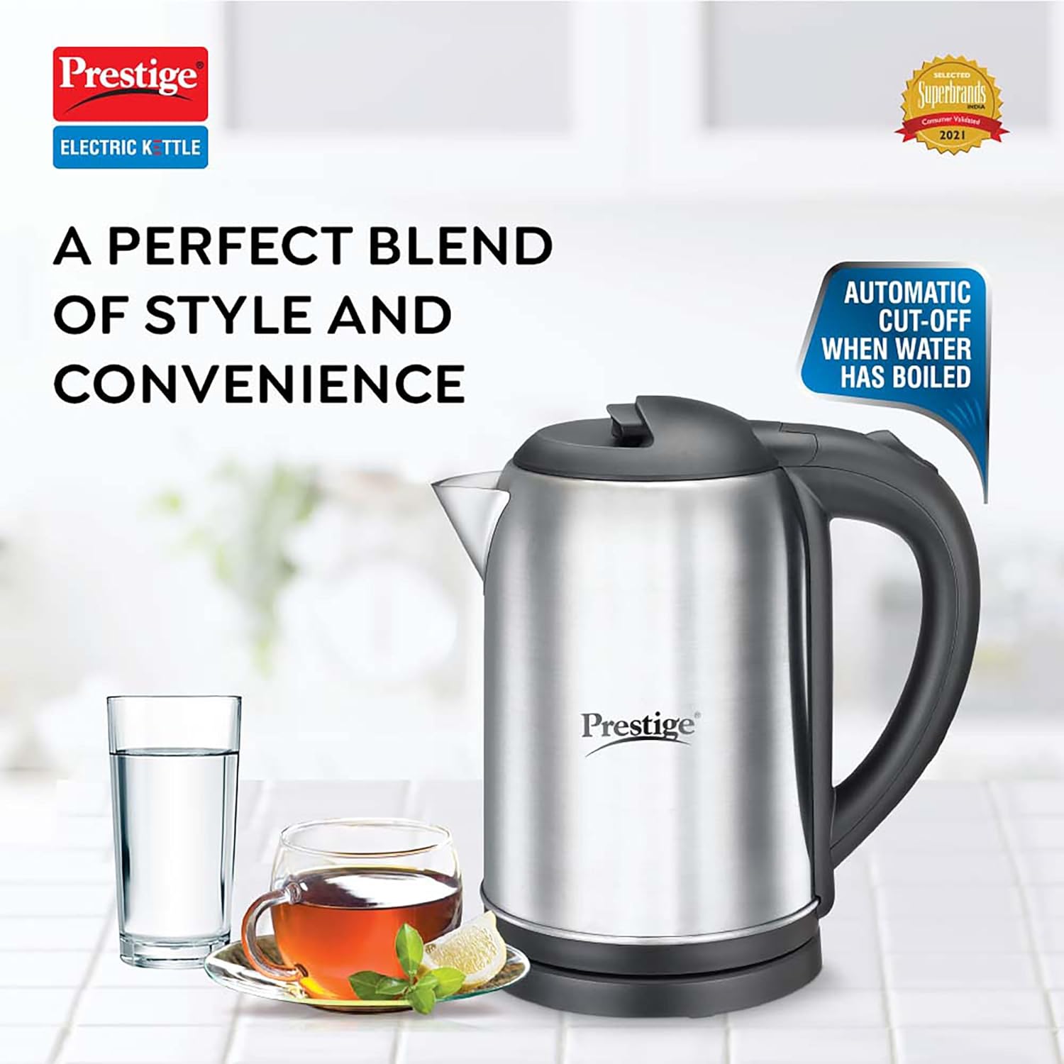 Prestige PKNSS 1.0 Electric Kettle 1L with Concealed Element(1500 W, Silver and Black, Stainless Steel, Automatic Power Cut-Off)
