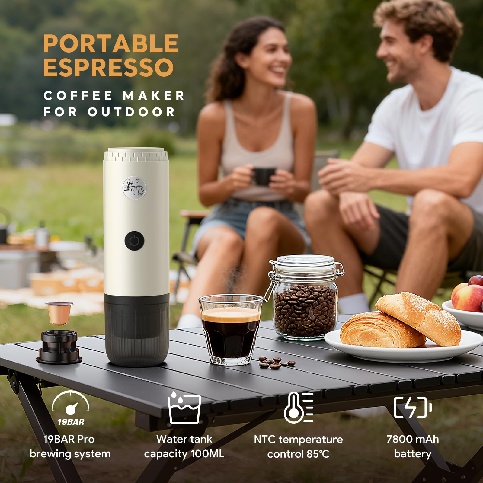 RECAFIMIL Macchina da caffè portatile 3 in 1, macchina per caffè espresso portatile da 19 bar con riscaldamento automatico, compatibile con capsule NS e DG e caffè macinato per campeggio, viaggi e