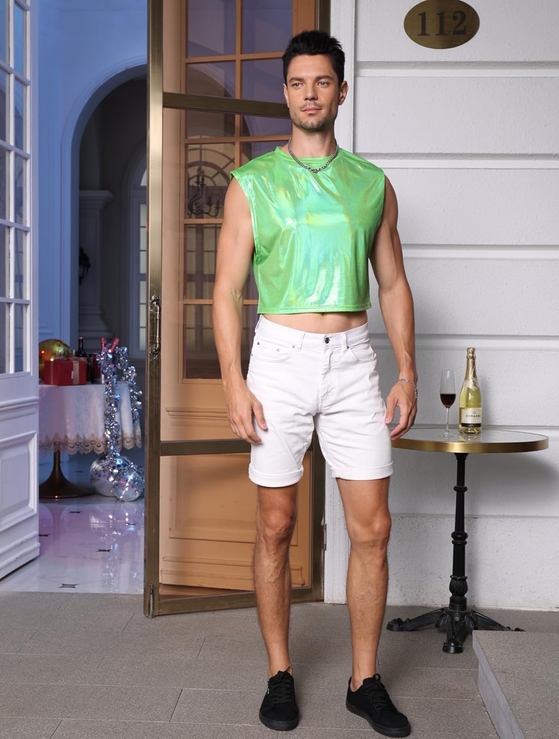 WDIRARA Men's Glitter Sleeveless Round Neck Crop Tank Top T Shirt Party Club Top - Image 6