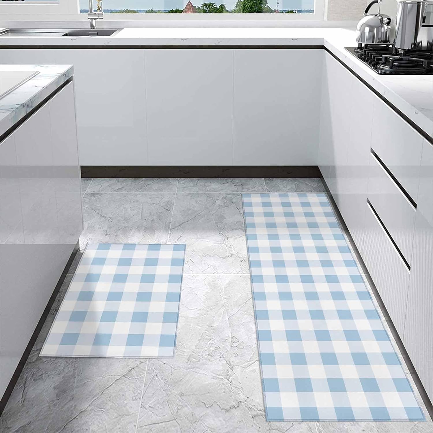 Kitchen Rugs and Mats Set of 2,Simple Spring Blue White Lattice Slip-Proof Floor Mat Cushioned Doormat Farmhouse Simplistic Gingham Area Runner Rug for Kitchen,Bathroom,Living Room,Entryway Decor