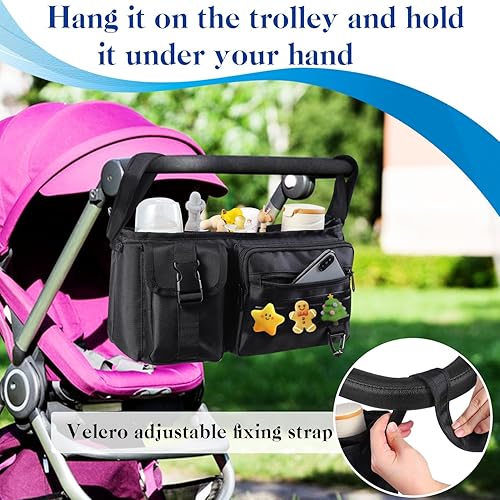 Miniatura 5 de Organizador de cochecito con portavasos aislado, organizador universal para cochecito de bebé, bolsillos con cremallera para teléfono, correas