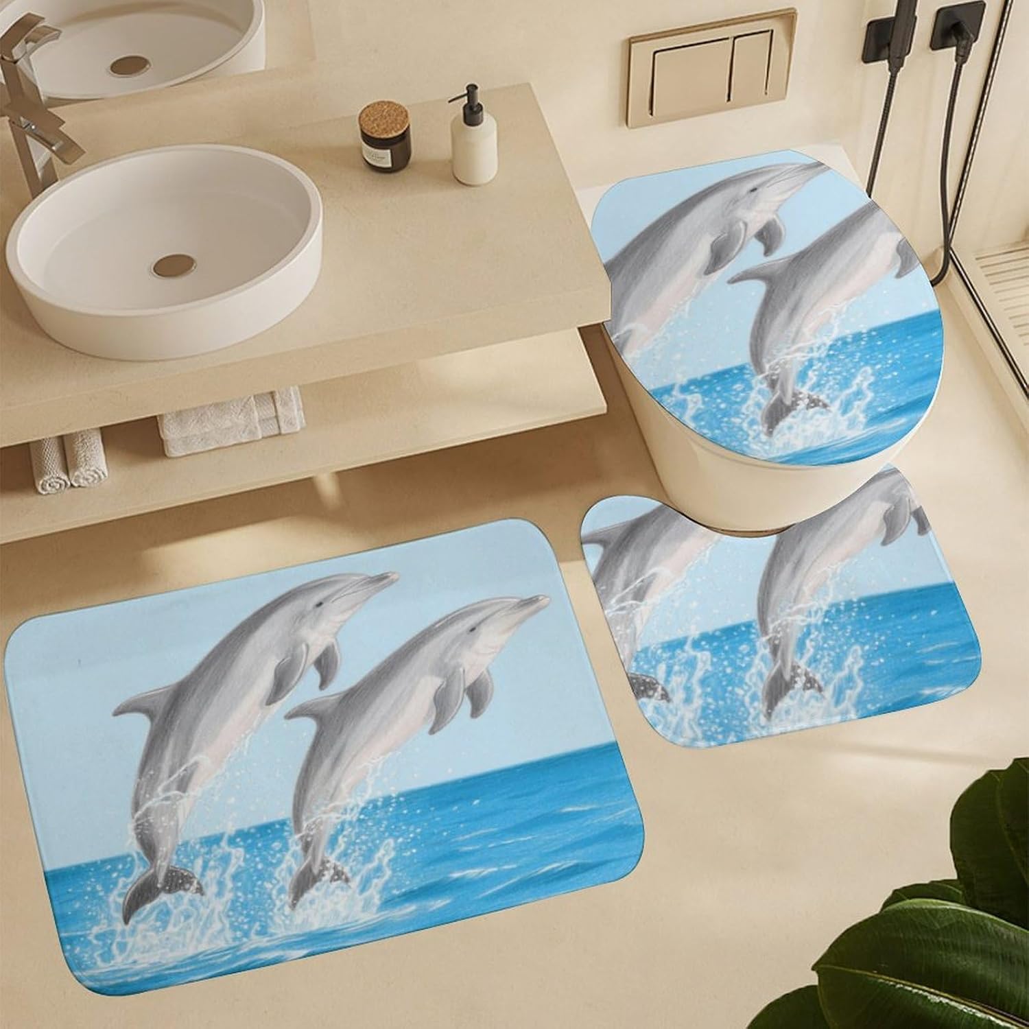 Dolphins Flying and Playing Bath Rug Set 4 Piece,Bathroom Accessories Set-Toilet Rugs U Shaped,Toilet Lid Cover,Shower Curtain and Rugs,Ultra Soft, Absorbent,Home Decor