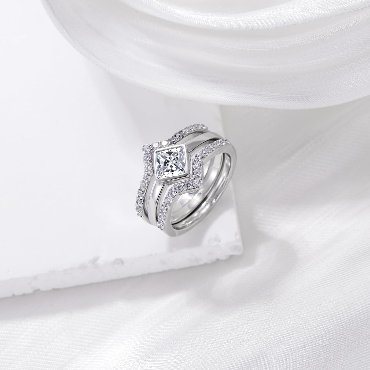 1.38 Carat (ctw) Princess Cut Moissanite Three-in-One Wedding Engagement Bridal Ring Sets For Women 14K White Gold Wedding Ring Set Handmade Customized Anniversary Ring For Women, Customizable 925 Sterling Silver/10K Gold/14K Gold/18K Gold