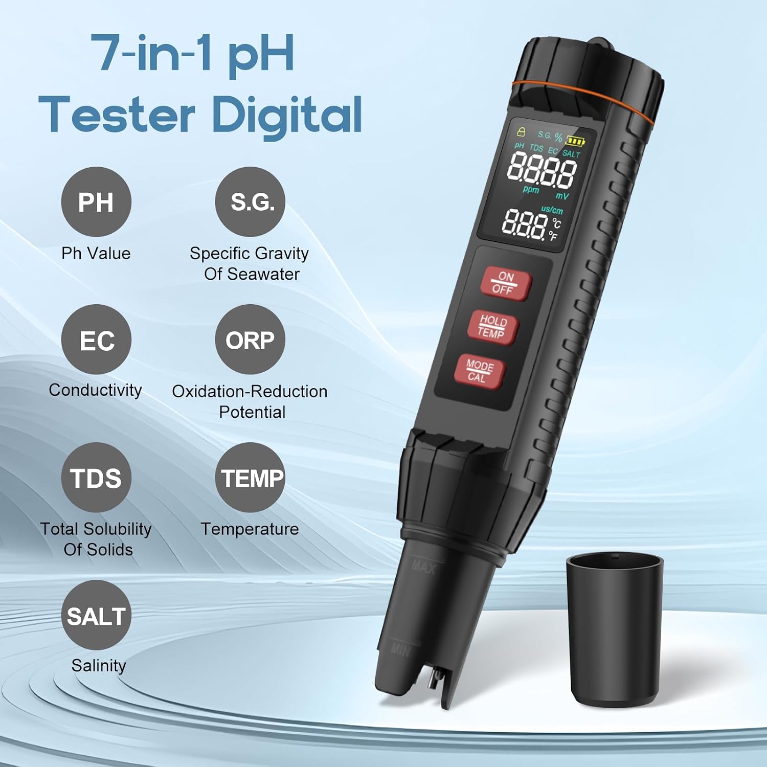 Digital 7-in-1 Water Tester, High Precision 0.01 pH & Salinity Meter, for Pool Salt, Aquarium, Hydroponics, Drinking Water TDS EC ORP S.G Temp Tester with Titanium Alloy Electrode