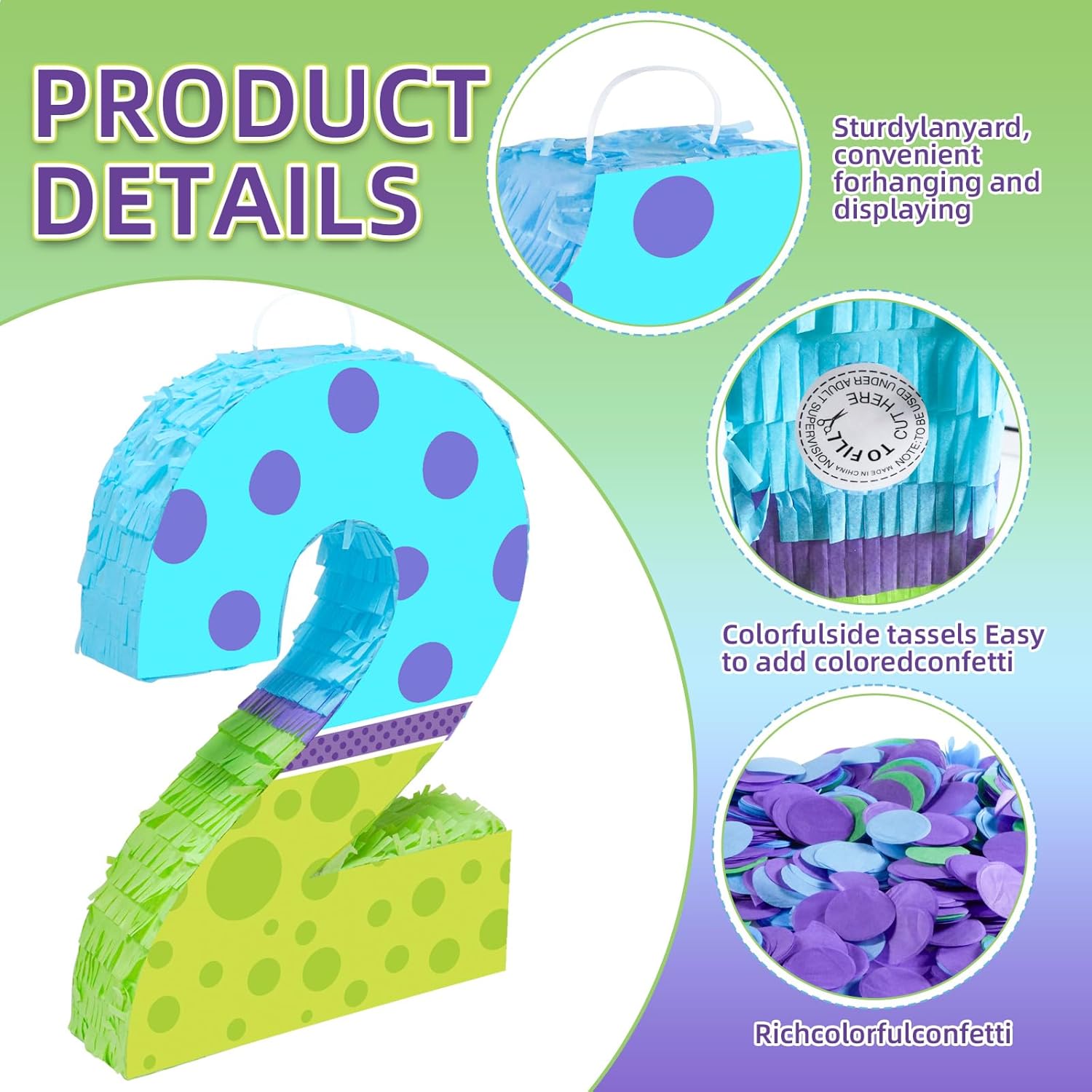 Monster Birthday Party Decorations,15.7‘’ Monster Number 2 Pinata with Stick Blindfold Confetti for Girls Boys 2nd Birthday Activity Game Gift (2nd)