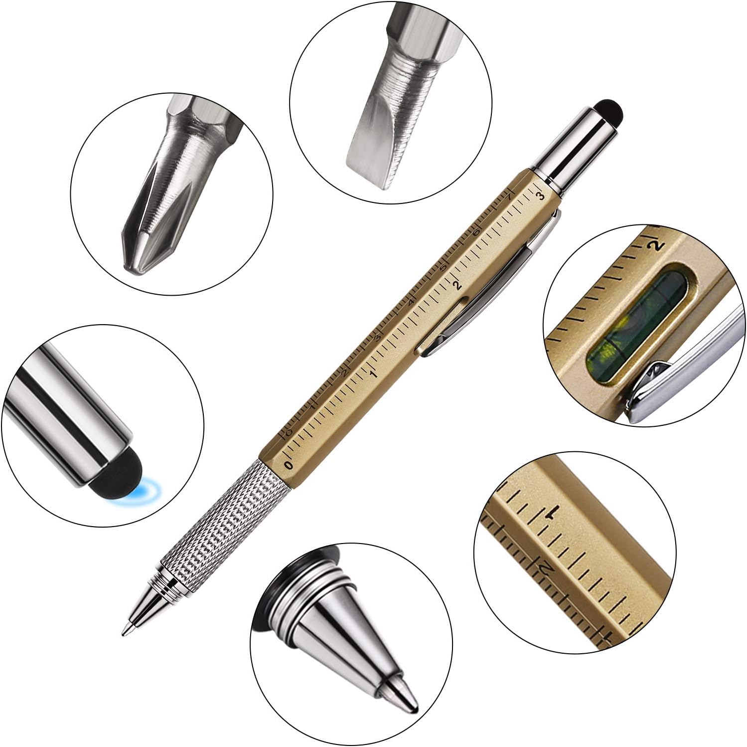 4 Pieces Gift Pen for Men 6 in 1 Multitool Tech Tool Pen Screwdriver Pen with Ruler, Levelgauge, Ballpoint Pen and Pen Refills, Unique Gifts for Men (Gold)