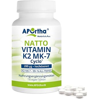 Aportha Natto Vitamin K2   Menaq Uinon Mk7 200 mcg Hochdosiert   190 Vegan Tablets   95 +% All Trans Menaq Uinon 7