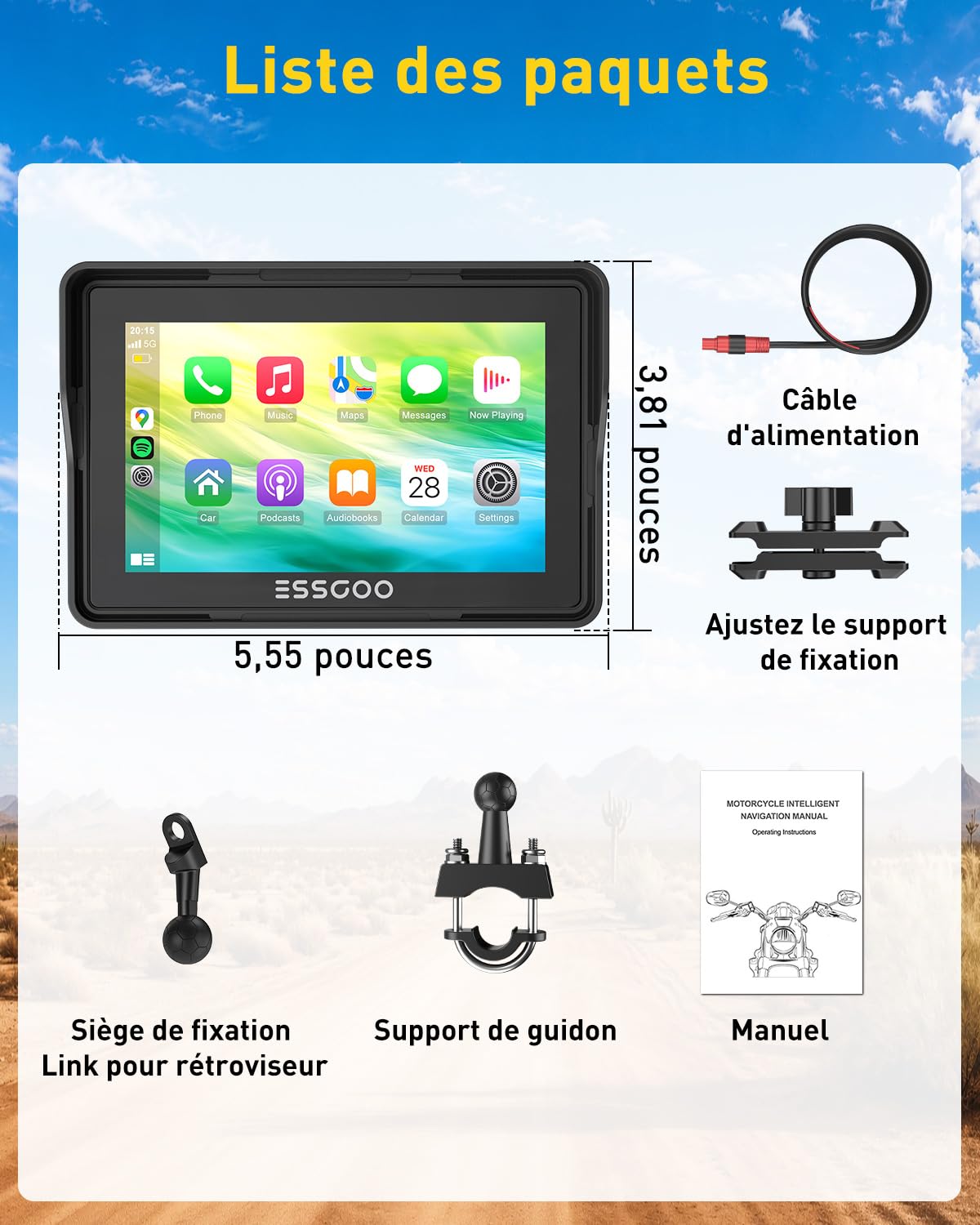 ESSGOO 5 Pouces CarPlay Moto Écran Android Auto sans Fil Tactile IPS | IP67 Étanche, Musique Bluetooth 5.3,Navigation GPS,Commande Vocale, Installation Démontage Faciles