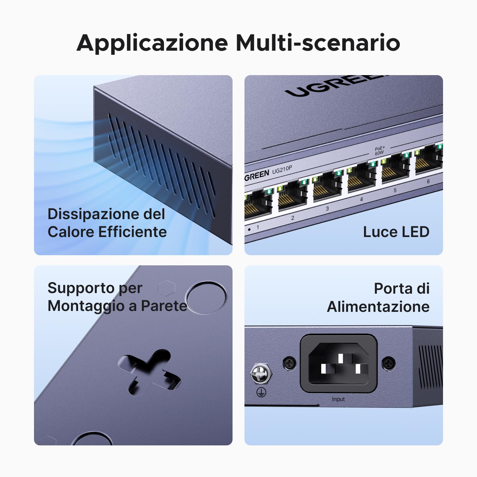 UGREEN 10 Porte Gigabit PoE LAN Switch con 8 PoE Switch + 2 Gigabit-Uplink 60W Potenza Totale per tutte le Porte PoE, Switch di Rete ideale per NVR, Telecamere IP, Non Gestito con Carcassa Metallica
