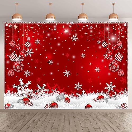 Miniatura 2 de Swepuck Fondo de fotografía de copos de nieve de Navidad de tela de 7 x 5 pies, fondo de bola roja de nieve blanca de invierno, decoraciones de