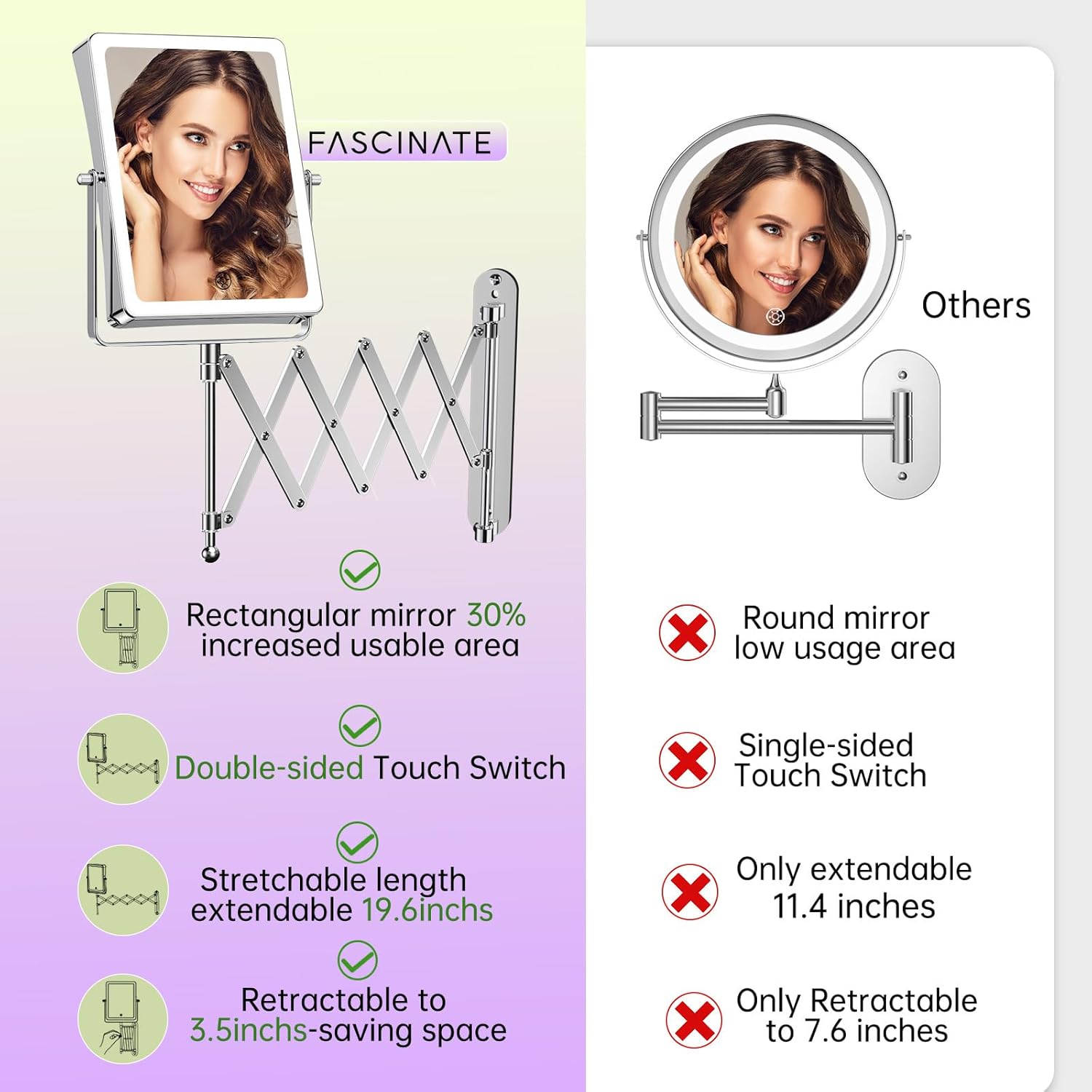 FASCINATE 5000mAh Rechargeable Wall Mounted Makeup Mirror with Lights, 8.7 Inch Double Sided Touch Switch 1X 30X Magnifying Bathroom Mirror, 3 Color Lights Dimmable Extended Arm 360°Rotation (Chrome)