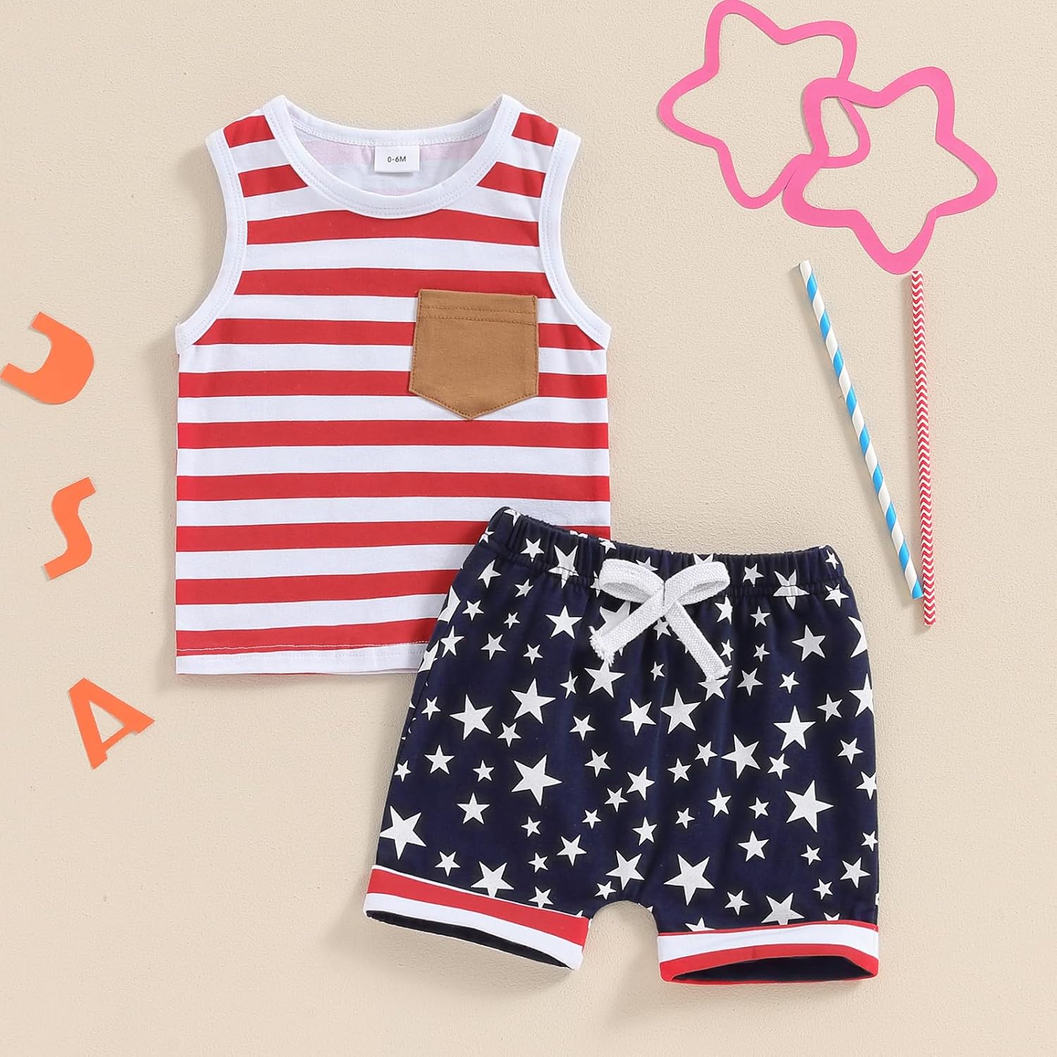 Toddler Boy 4th of July Outfit Sleeveless Tank Top with Pocket and Elastic Waist Shorts Set