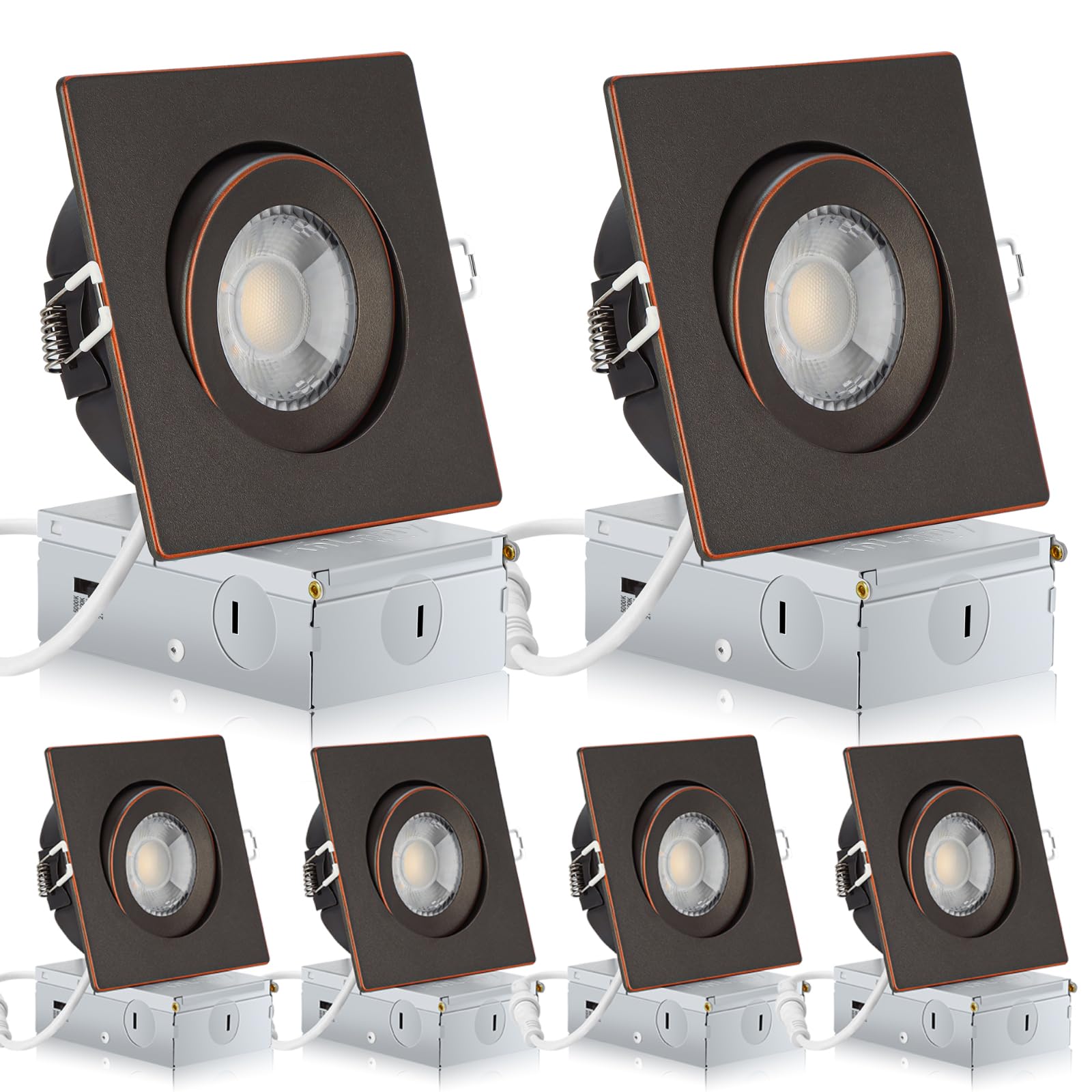 Oil Rubbed Bronze Recessed Lights Square 4 inch 6 Pack, Gimbal Gimbal Recessed Lights,dimmable, 5CCT Selectable,9W 750LM