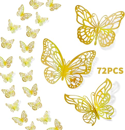 72 piezas de decoración de pared de mariposa dorada láser 3D, 3 estilos, 3 tamaños, calcomanías de pared de mariposa metálicas, mural de habitación,