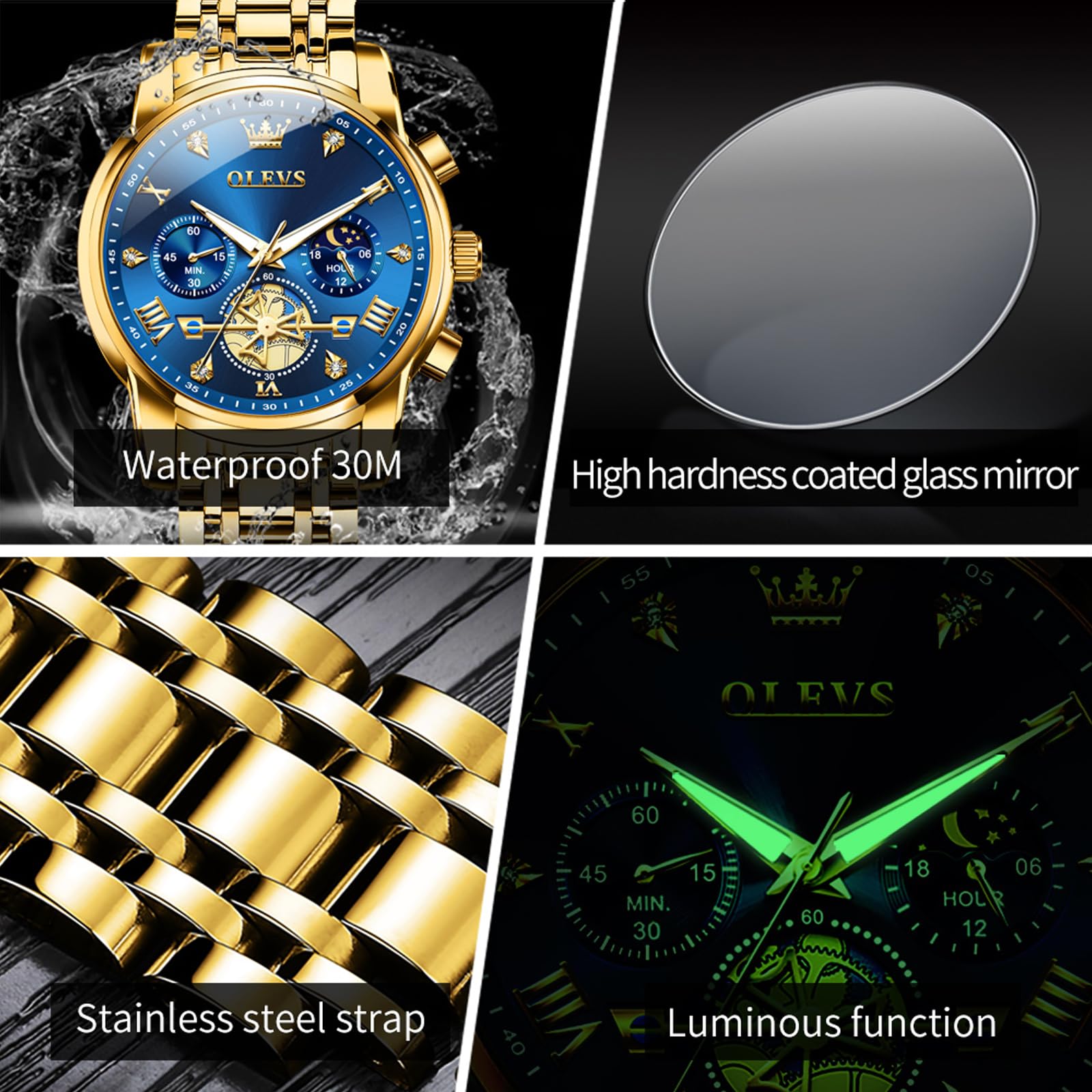 OLEVS Reloj para Hombre, con código de Tiempo, Correa de Acero Inoxidable, Resistente al Agua, Multifuncional, subesfera, Reloj de Negocios, Cuarzo Redondo