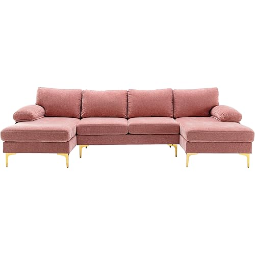 U Shaped Sectional Sofa with Double Extra Wide Chaise Lounge, 110.63" Soft Velvet Upholstery Couches with Solid Wood Frame, Detachable Cover & Armrest and Golden Color Metal Feet, Easy to Install