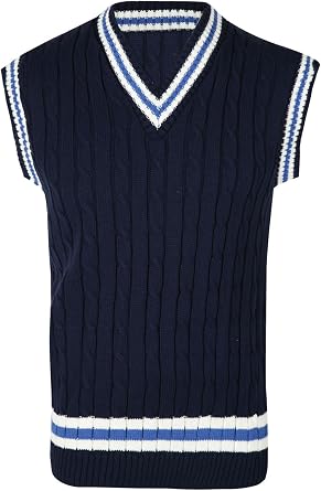 Missmister Mens Vest Gents Knitted Classic Cricket Sleeveless Jumper for Mens V Neck Sports Sweater Casual Pullover Tank Top Large, Navy