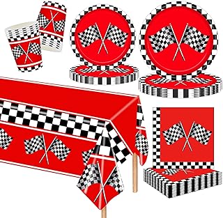 Ensemble de Vaisselle Fête Course Automobile F1 97 Pièces,Assiettes,Tasses,Serviettes,Drapeaux de Course, Accessoires de Fête Automobile,Décoration de Table pour Anniversaire Voiture