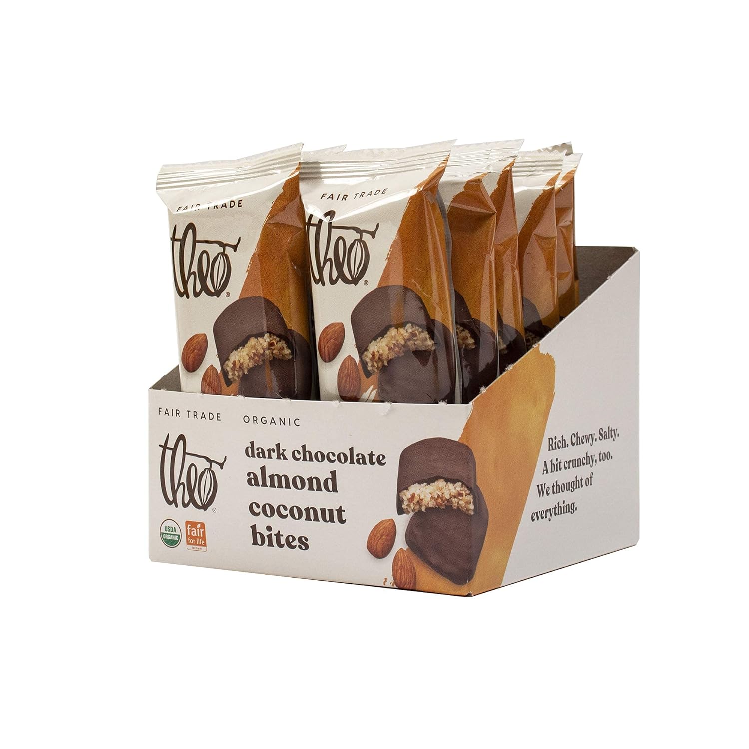 Theo Chocolate Organic Dark Chocolate Almond Coconut Candy Bites, 70% Cacao, 12 Pack | Vegan Candy, Fair Trade