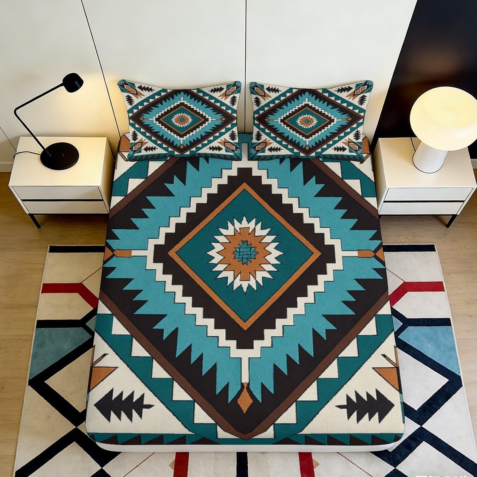 3D Printed Aztec Geometric Fitted Sheet Microfiber Soft Breathable Tribal Diamond Mattress Cover for Bedroom Decor 160x200x25cm