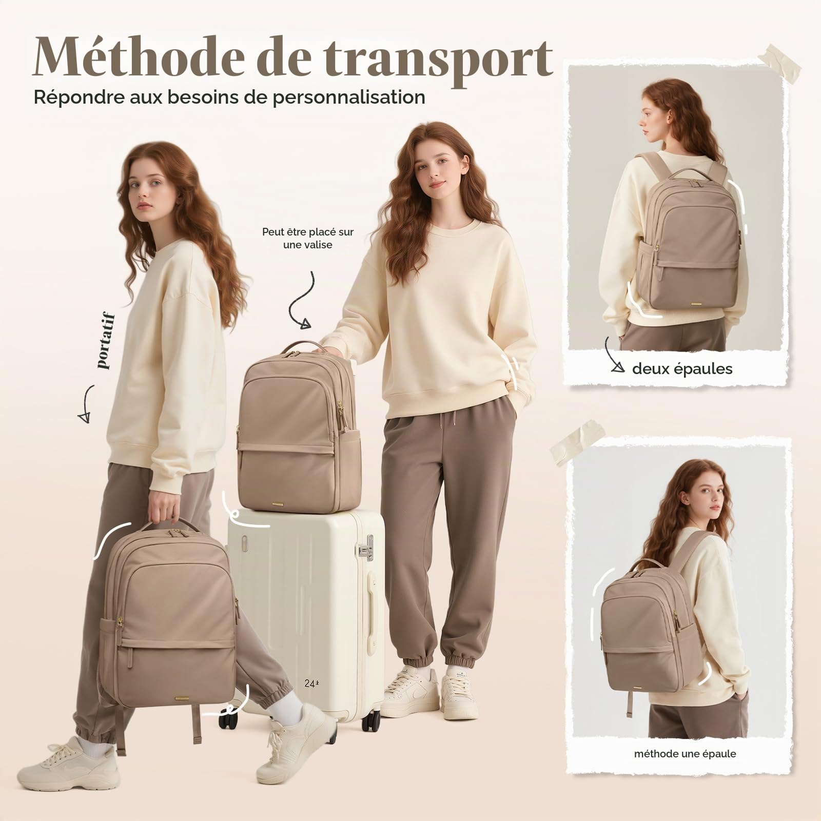 GOLF SUPAGS Sac à Dos pour Ordinateur Portable de 15.6 Pouces, Multifonctionnel Sac a Dos Femme Voyage, Sac a Dos Avion, Sac à Dos Collège, pour Voyage, Travail, Université (Champagne)