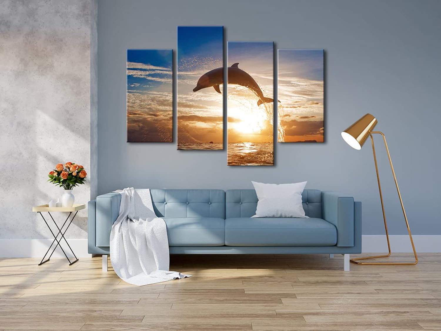Wieco Art Happy Dolphin Giclee Canvas Prints Wall Art Ocean Animals Sea Beach Landscape Pictures Paintings for Living Room Bedroom Home Decorations Large 4 Piece Modern Grace Seascape Artwork L
