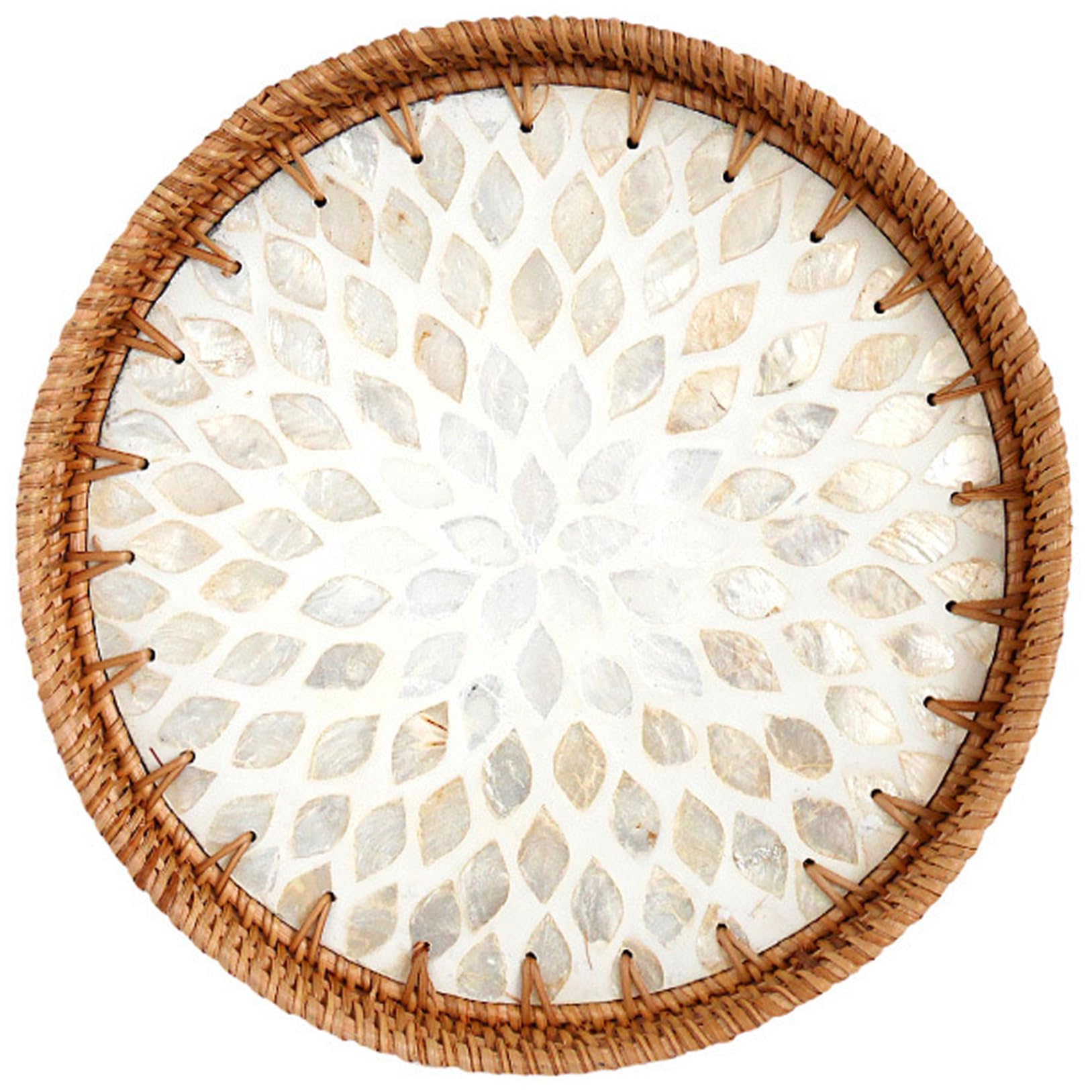 Cnafgbgg 11.81 Inch Round Wicker Tray, 12" Rustic Wicker Serving Tray, Decorative For Storage & Display, Coffee Table With Mother Of Pearl Inlay, Serving For Coffee Bread Food Fruit.