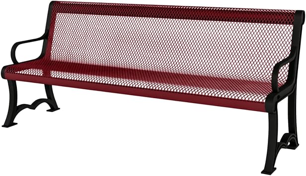 COATEDOUTDOORFURNITURE Bench, Burgundy, Expanded, 4Ft, with Back | Heavy-Duty Expanded Metal Outdoor Bench, With Back, Portable Mount, Made In America