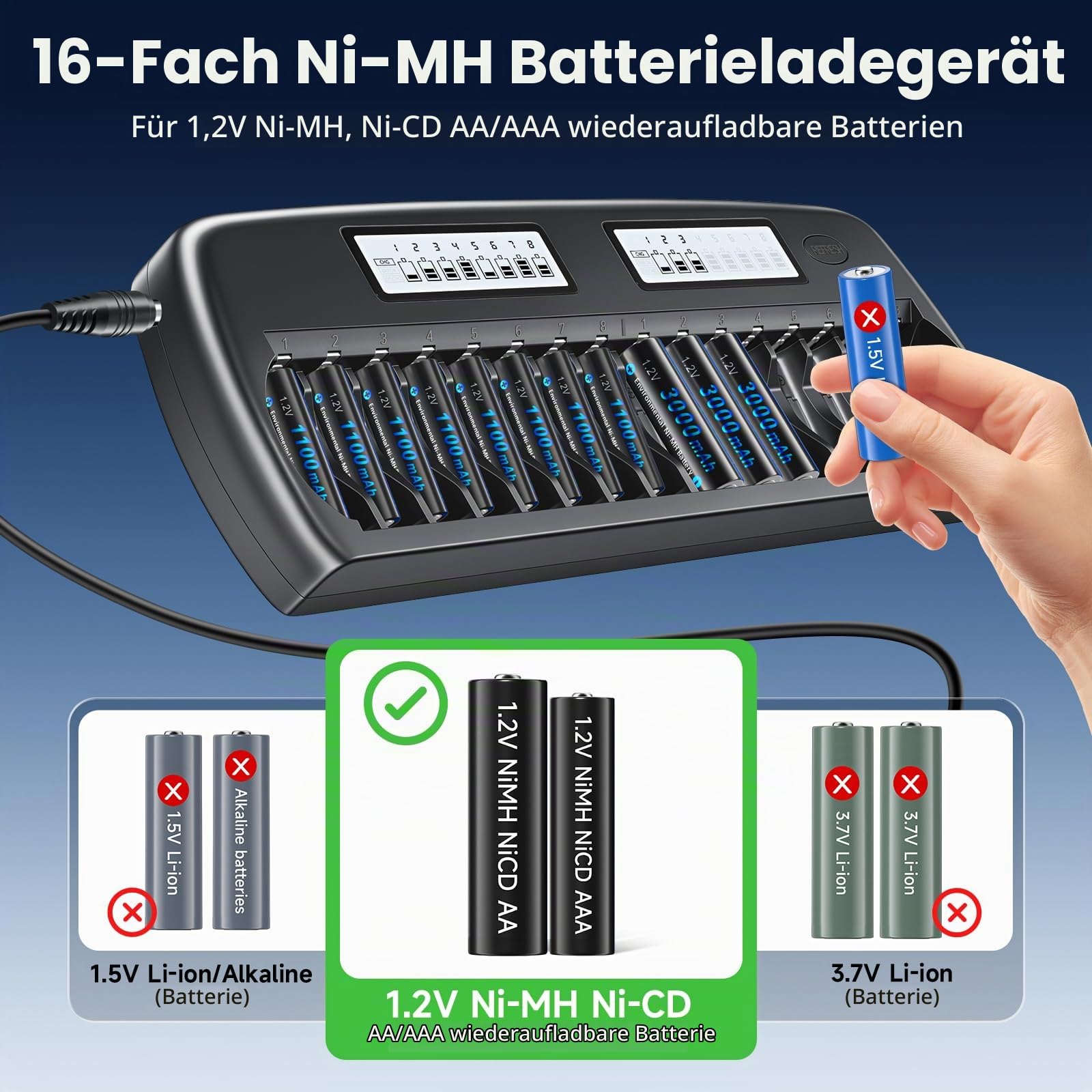 CITYORK Akku Ladegerät AA AAA für AA AAA NI-MH, NI-CD wiederaufladbar Batterien, 16 Slots LCD Batterie ladegerät mit integriertem IC-Schutz und Netzteil (Aufgerüstetes Ladegerät)