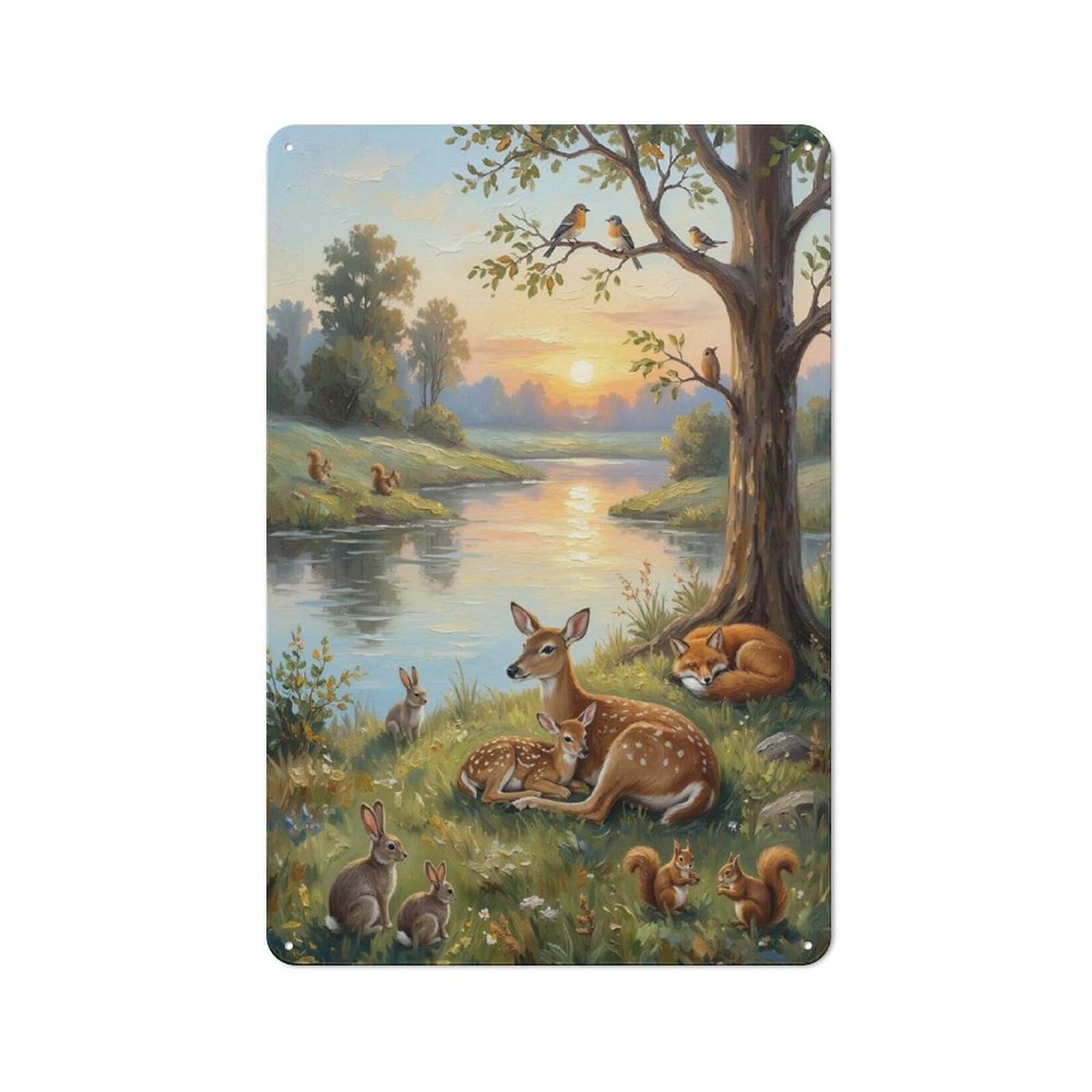 Junmoney Style-2 Classic Peaceful Wildlife Scene At Sunset Metal Wall Sign 30X20cm, Pub Wall Decor For Diner, Restaurant, Shed Or Kitchen