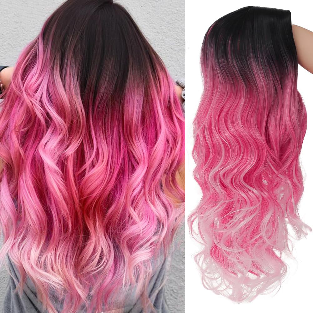 Swiking Women Ombre Pink Long Curly Wig Dark Roots Wave Middle Part Synthetic Wigs for Halloween Cosplay Wig (Ombre Pink)