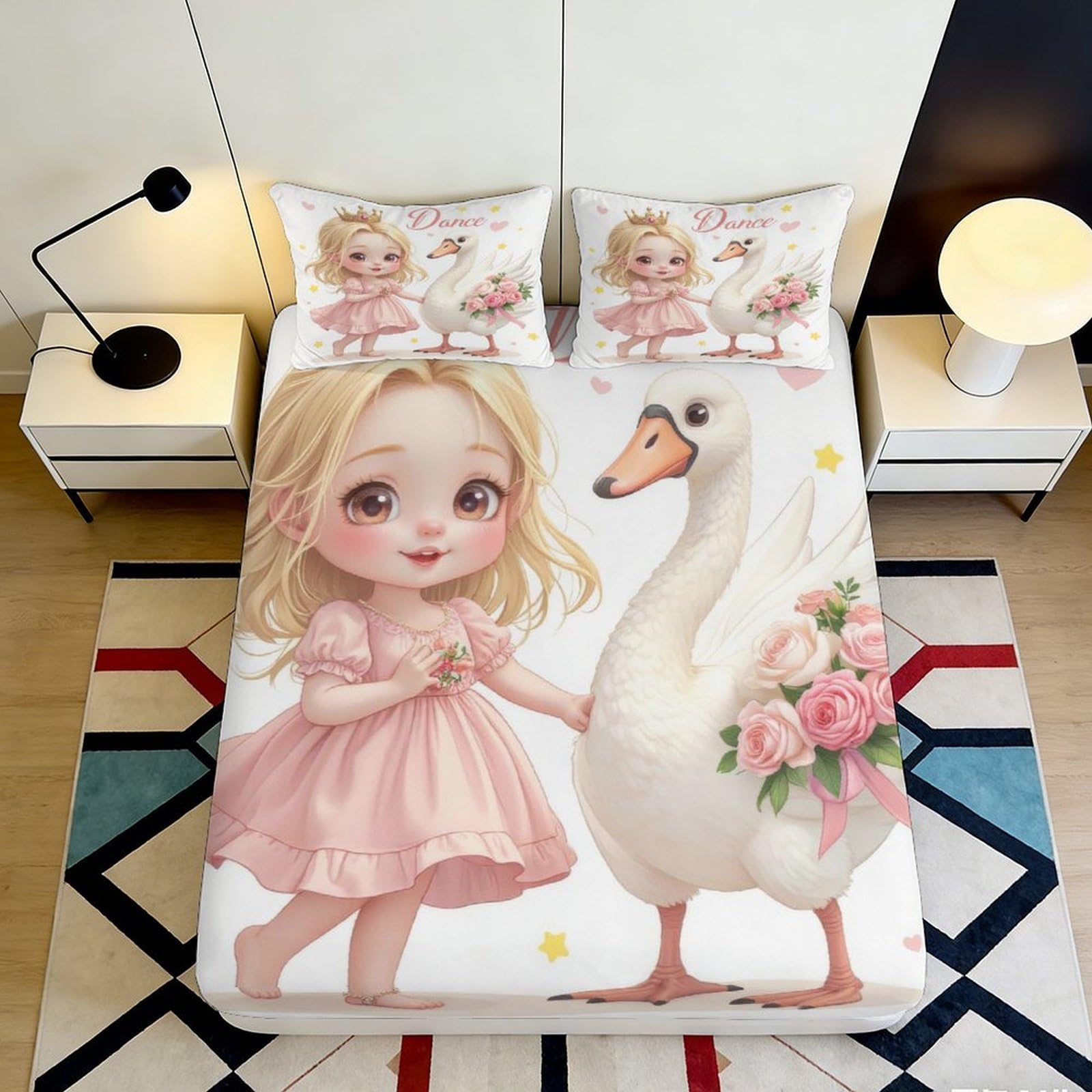 3D Printed Swan Girl Fitted Sheet Microfiber Non-Slip Deep Pocket Swan Girl Mattress Fitted Cover Washable Bedding 90x200x25cm