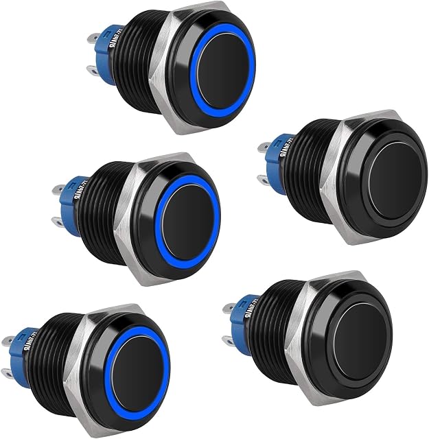 16mm Momentary Push Button Switch, 12V 5A 1NO1NC Metal Latching Push Button Switch with Blue LED Light, Waterproof 4 Pin Self-Locking Round ON/OFF Switch for Car RV Truck Boat, 5 Pack