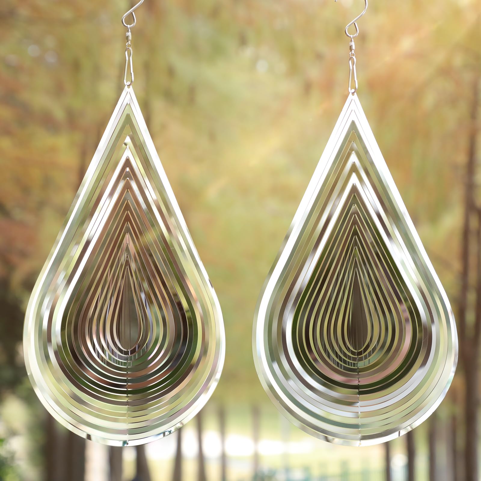 Wind Spinner Flowing-Light Effect Courtyard Decorations Made of Stainless Steel House Hanging Decoration 12“x 8“ Spinners with a 360° Rotating Hook (2 pcs Water Drop-Silver)