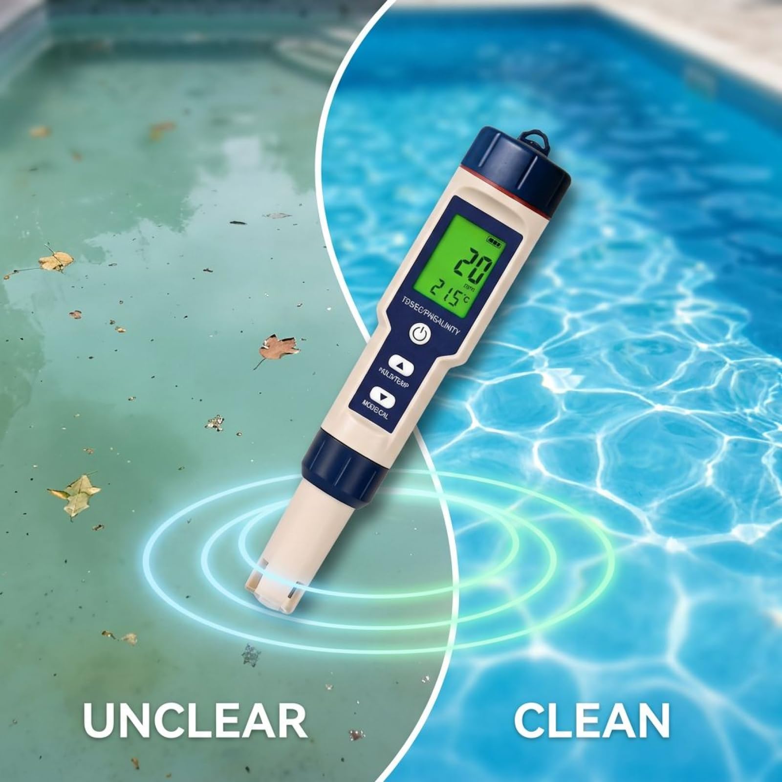 Misuratore di qualità dell'acqua 5 in 1, misuratore di pH digitale e tester di salinità, misuratore di temperatura TDS con grande LCD, ± 0,05 pH ad alta precisione, polveri di calibrazione
