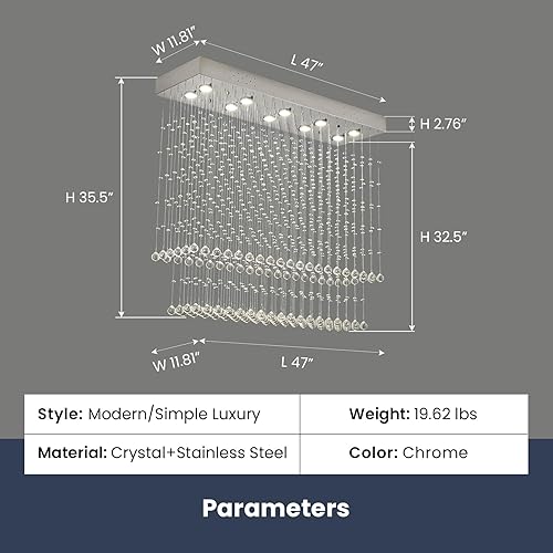 Miniatura 5 de Moooni Lámpara de techo rectangular moderna de cristal, lámpara de techo colgante de gota de lluvia, lámpara rectangular para comedores y cocina, 47