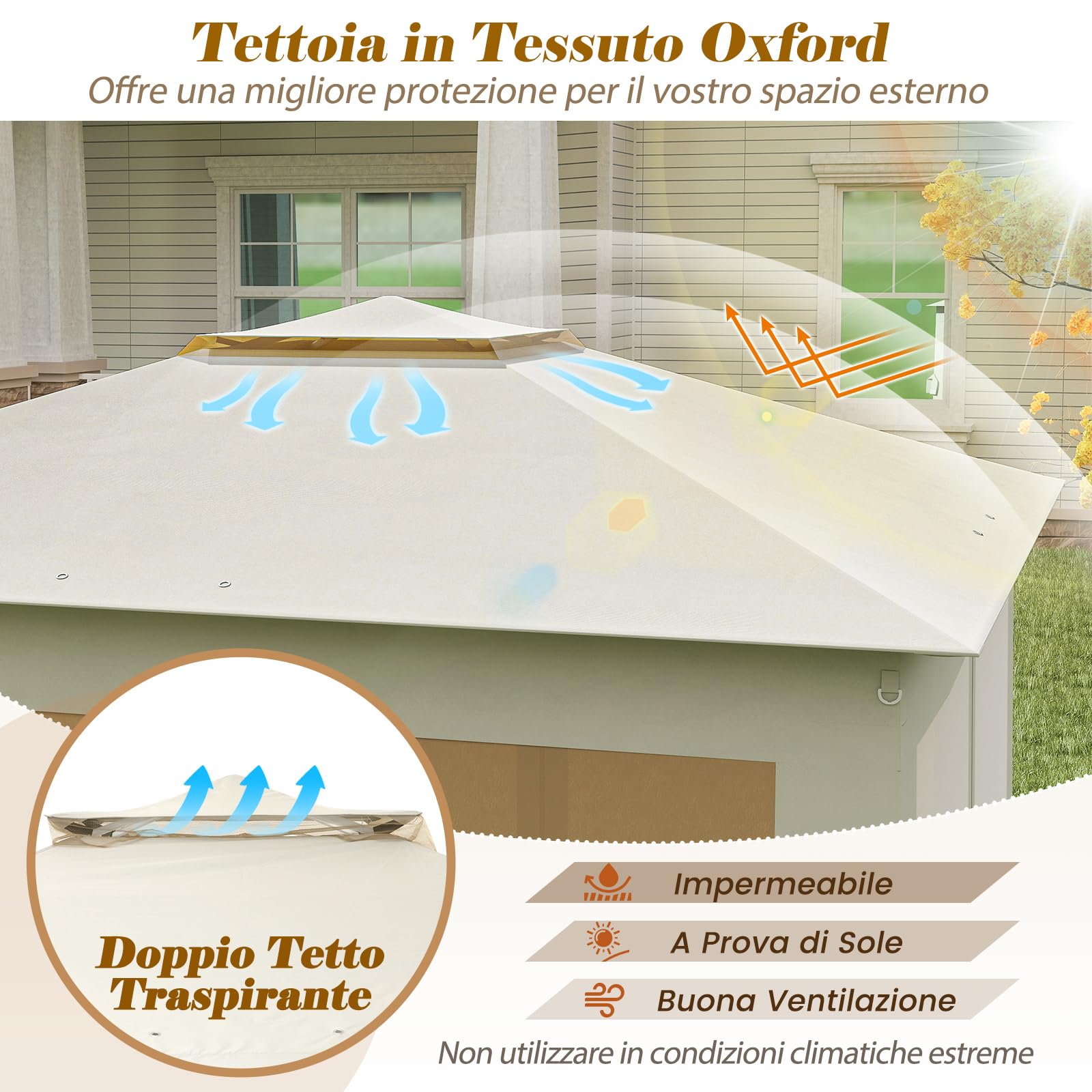 COSTWAY Gazebo Pieghevole 3,4 x 3,4 m con Zanzariera e Tende Laterali Tenda da Giardino Antivento 210D Beige