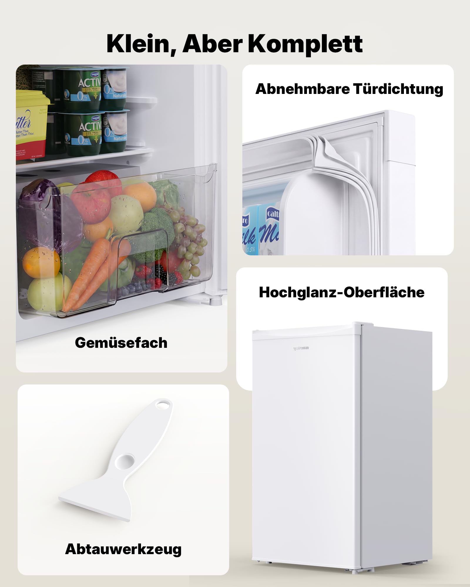 Upstreman 91L Kleiner Kühlschrank mit Gefrierfach, 5 Temperaturstufen, 41 dB Leiser Betrieb