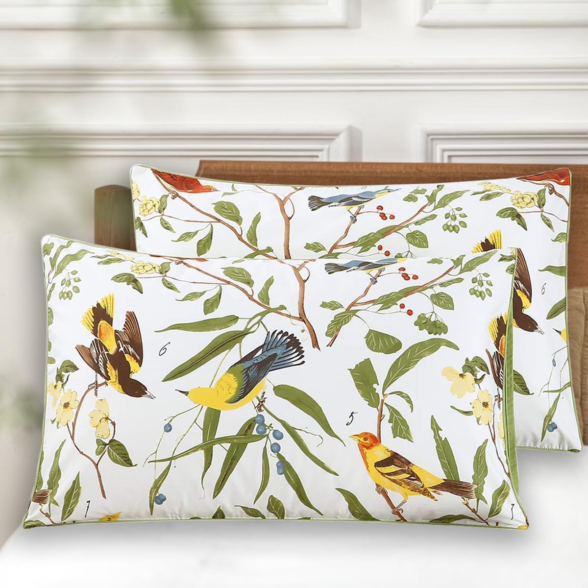 100% Egyption Cotton Queen Size Pillow Case - 2 Pack Soft Breathable Pillow Covers Botanical Pattern Floral Pillowcase Farmhouse Envelope Closure Pillow Sham Green Leaves Birds Print Bedding - 20"x30"
