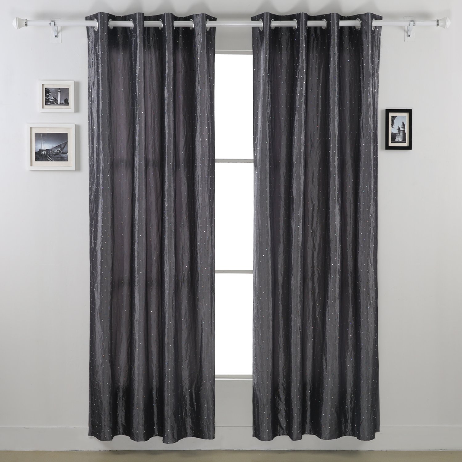 Rideau sequins brillants Deconovo en taffetas gris foncé 52x84 avec œillets métalliques