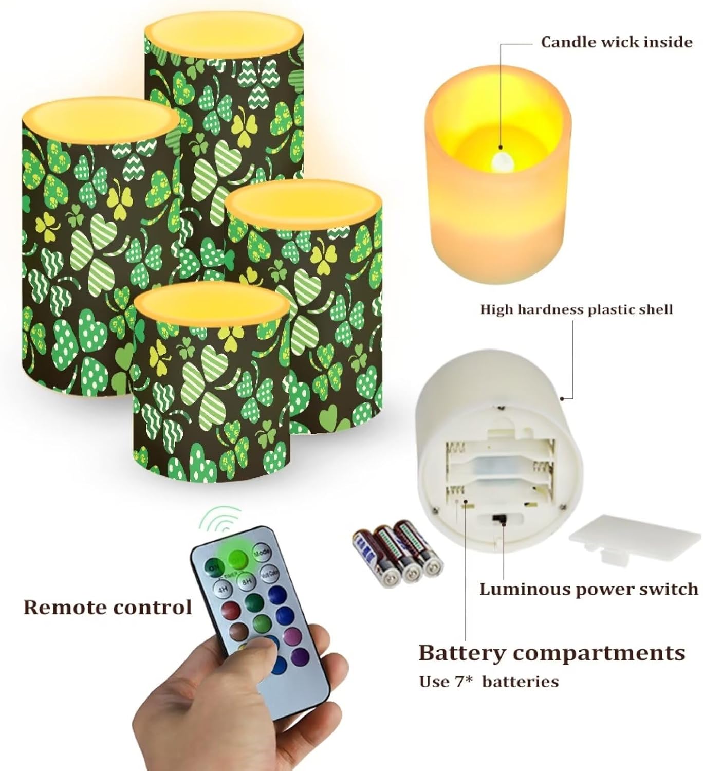 St Patrick's Day Decorative Flameless LED Candles Set of 4 Electric Candles with Remote Timer Control Color Changing, Green Leaf