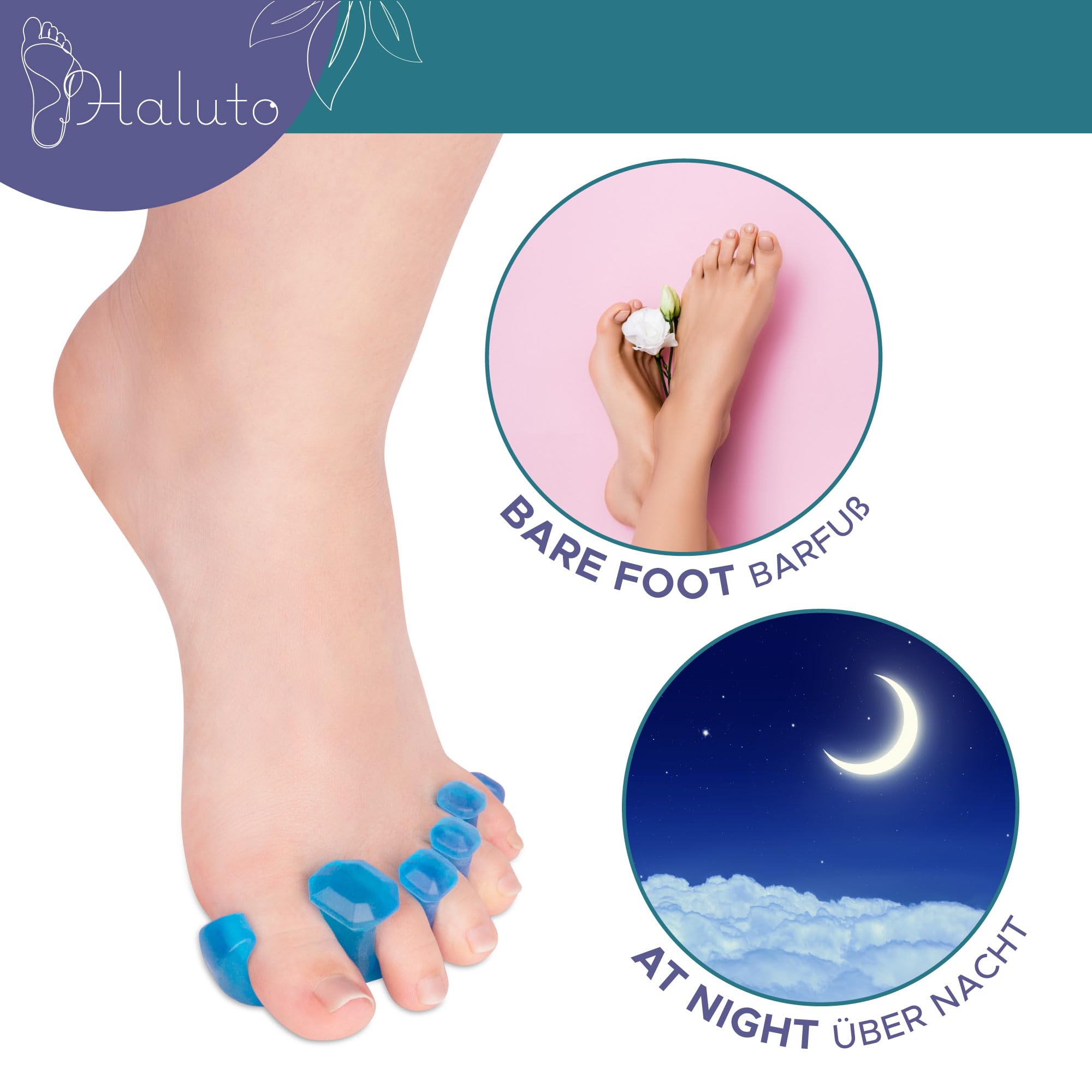 HALUTO separator palców - separator na haluksa i do pedicure - wielokrotnego użytku - korekcja palucha koślawego - separator palców silikonowy dla kobiet, mężczyzn - 3 rozmiary