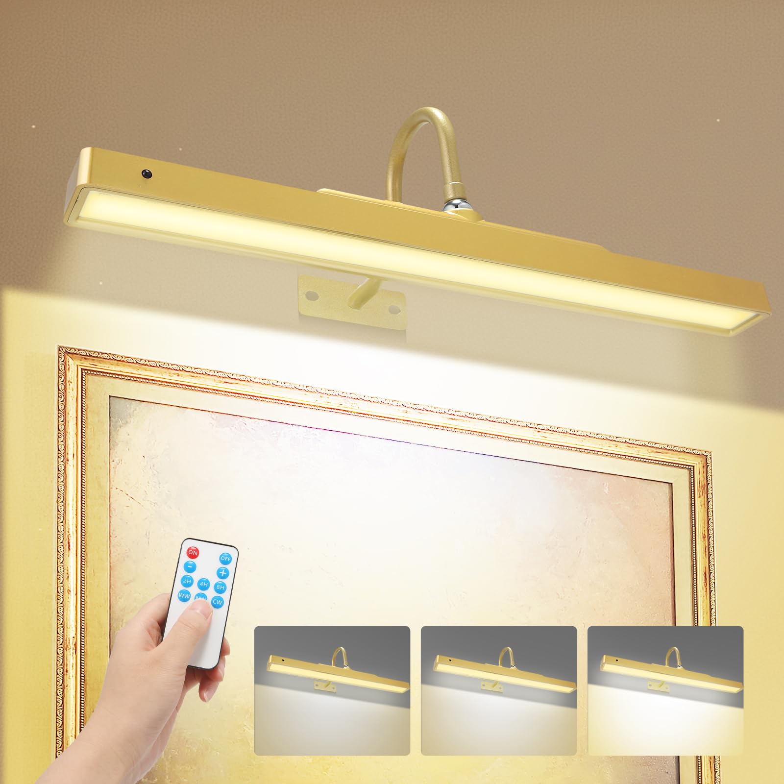 Dollox Picture Light Battery Operated Lights for Paintings Wireless Wall Light Display Art Light with Timer Dimmable Remote 16.5in 4000mAh Painting Lamp Adjustable Angle for Portrait,Artwork,Gallery