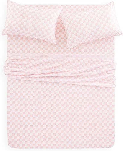 Miniatura 3 de Wake In Cloud - Juego de sábanas a cuadros, cuadros cuadriculados, patrón geométrico dibujado a mano, estampado en rosa y blanco, ropa de cama de