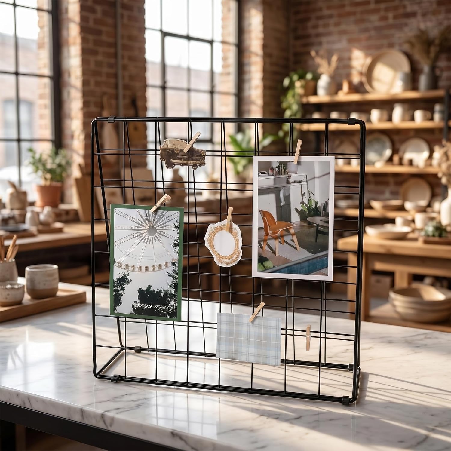 2 Pcs Photo Display Rack, Double Sided Photo Metal Rack, Black Grid Photo Stand For Table Display, Desktop Photo Display Shelf With 20 Wooden Clips, 13.7x13.7 x 4 Inches, For Photos, Notes, Artwork