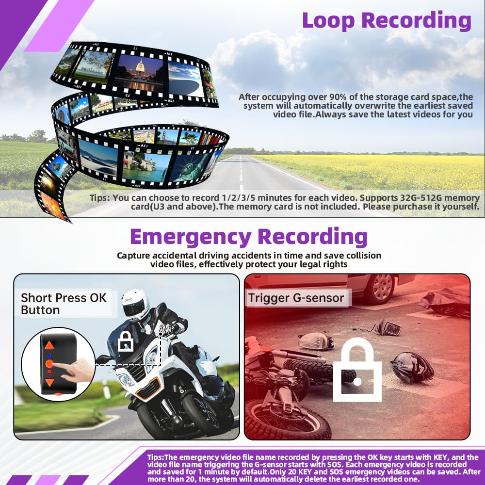 VSYSTO Dual 2K Wireless Carplay Motorrad Dashcam, 6,25 Zoll Touchscreen, 5G WLAN, Parküberwachung, Reifendrucküberwachung, Rückfahrmodus, GPS, kabelgebundener Controller, Temperaturanzeige (CS6)
