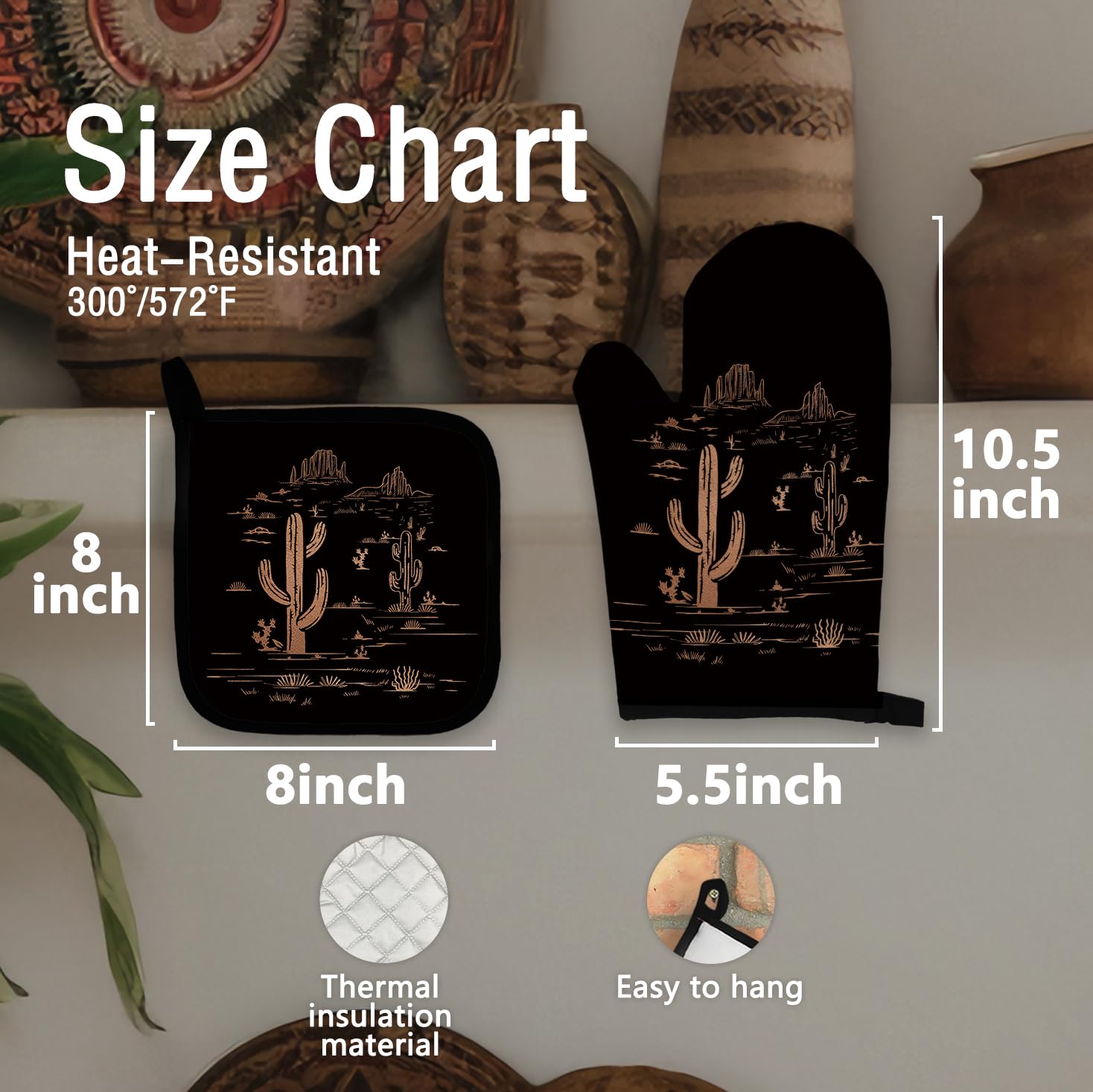 Western Desert - Juego de manoplas de horno y soportes para ollas, decoración de cocina de cactus, manoplas para cocina del suroeste occidental 7