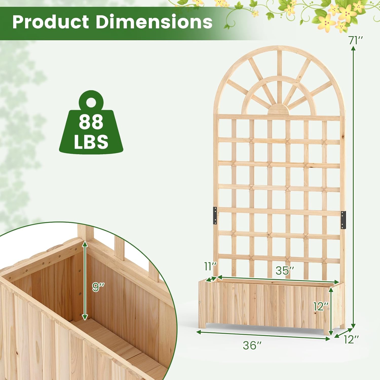 Happygrill Wooden Raised Garden Bed with Trellis, Outdoor Planter Box with Drainage Holes, Privacy Screen, Natural Fir Wood Elevated Garden Bed for Climbing Plants Flowers (1, Natural, 36''x12''x71'')